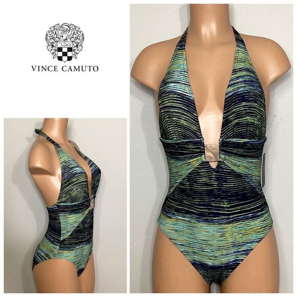 New. Vince Camuto green and blue plunge neck swimsuit. - Picture 1 of 8